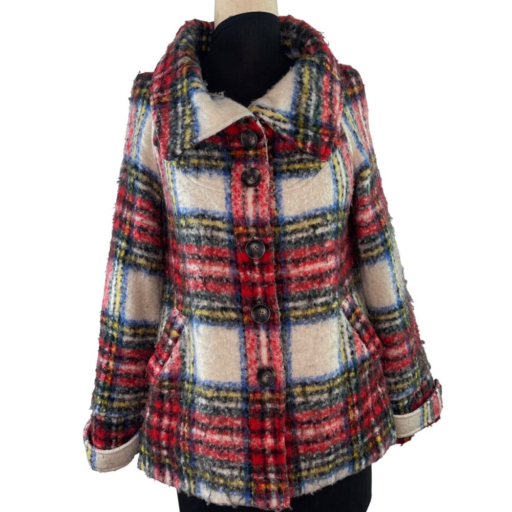 FREE PEOPLE Tartan Red White Plaid Sweater Tweed Wool Collar Coat Jacket XS RARE
